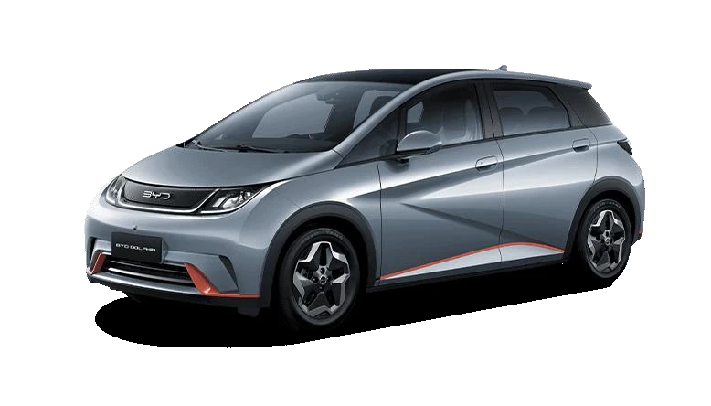 BYD Dolphin GS cinza com detalhes em laranja.