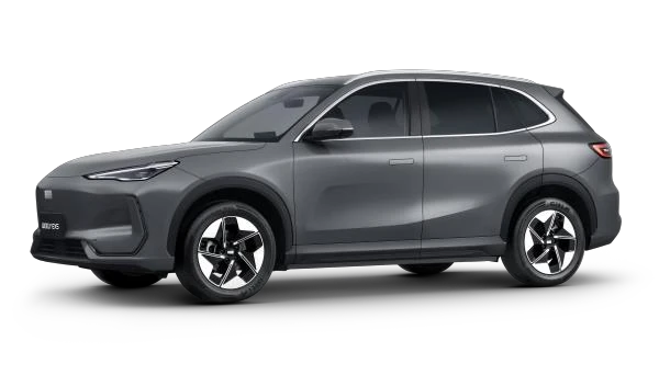 Geely EX5 PRO cinza visto de lado e de frente.