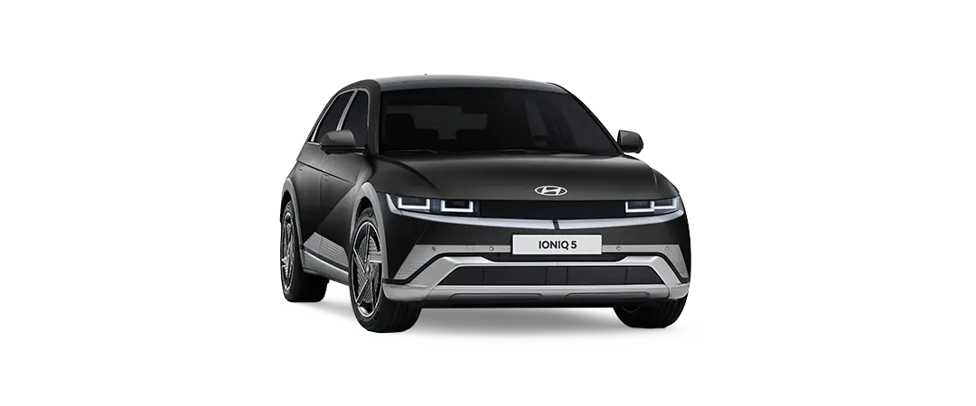 Hyundai IONIQ 5 preto visto de frente e de lado, em imagem oficial da Hyundai.
